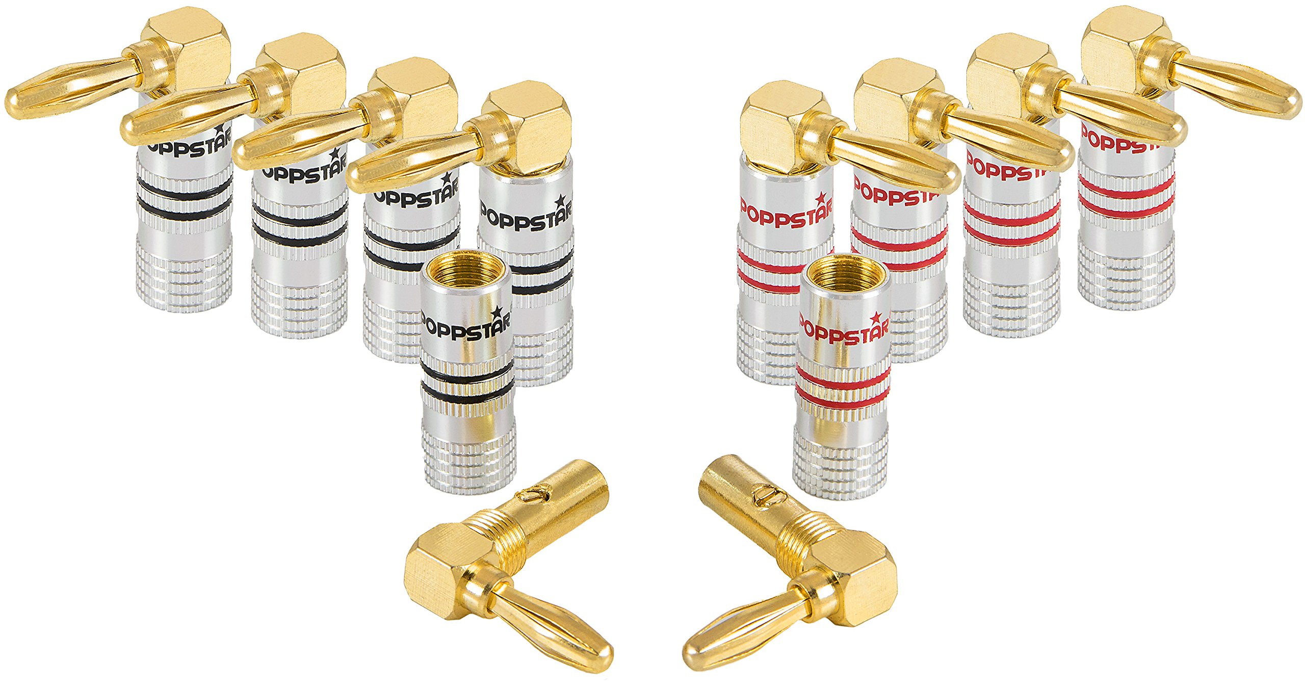 POPPSTAR Banana plug angled, for cables up to 4 sq mm screwed or 6 sq mm soldered, 24k gold plated contacts, pack of 10