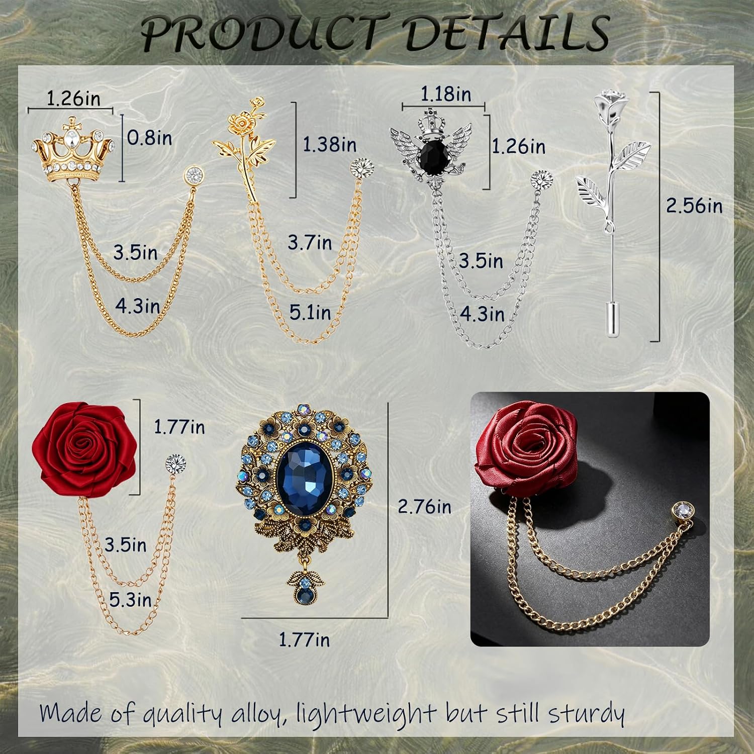Men's Suit Accessory Crown Hanging Chain Brooch Collar Lapel Pins