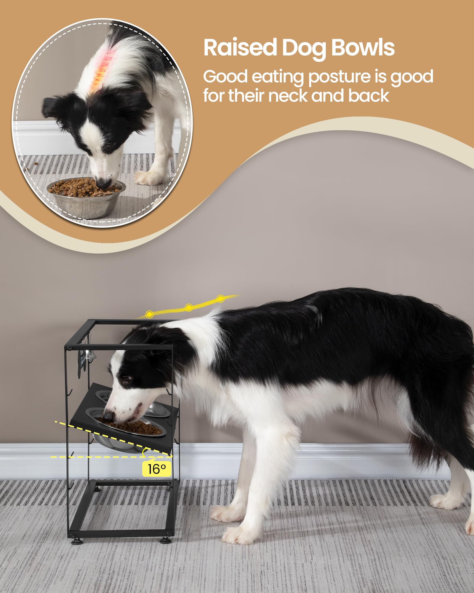 Hzuaneri Ciotole per Cani Rialzate, 8 Ciotole per Animali Regolabili in Altezza con 2 Ciotole in Acciaio Inossidabile, Design Inclinato, con Targhetta per Nome e Campanello, Nero PB07201B