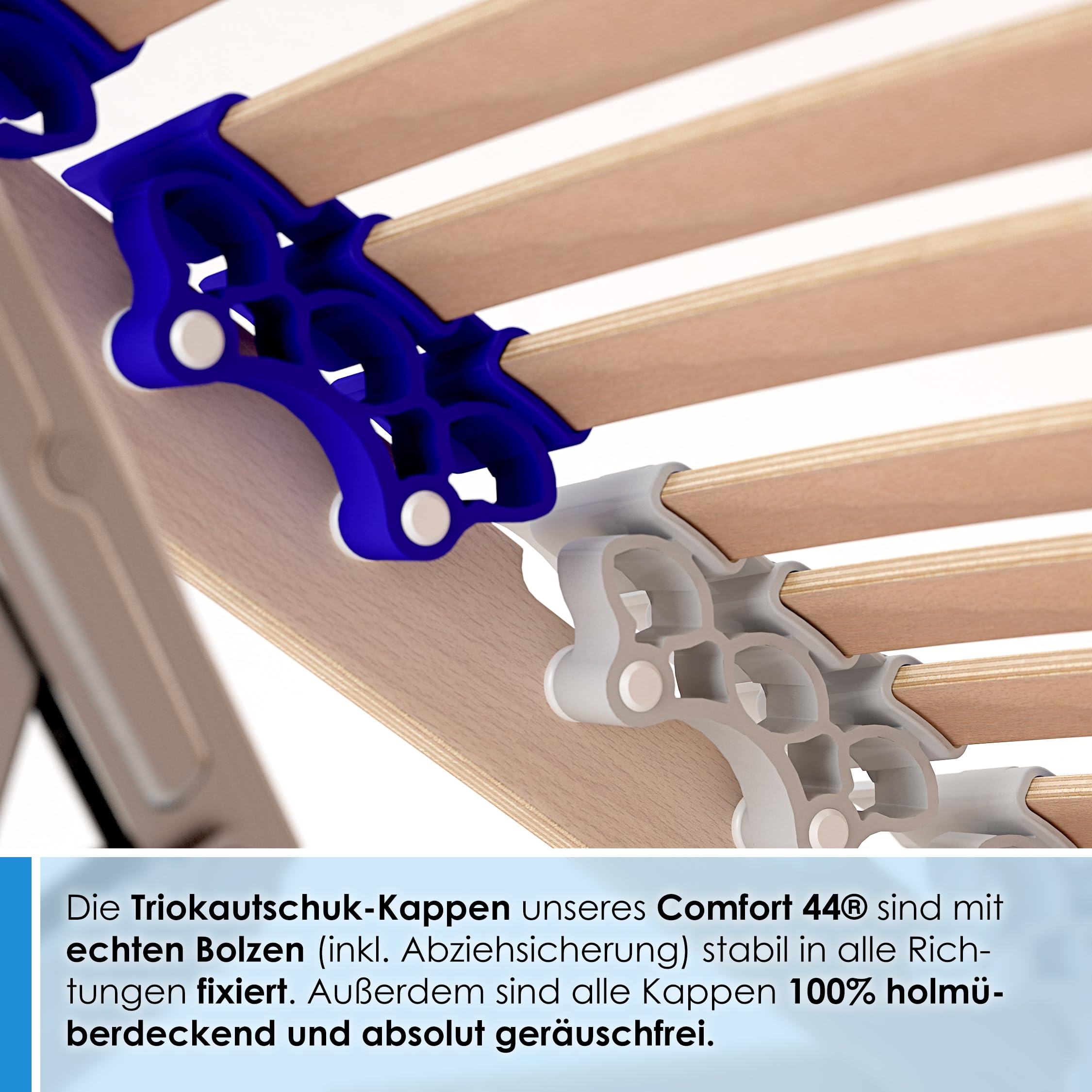 stabiler Lattenrost 100% BUCHE - Kopf- und Fußteil verstellbar - SCHULTERFRÄSUNG, 7 Zonen, 44 Federleisten, Härte-Regulierung, Mittelgurt - COMFORT 44® Vario - 100% fertig montiert (90x200cm)