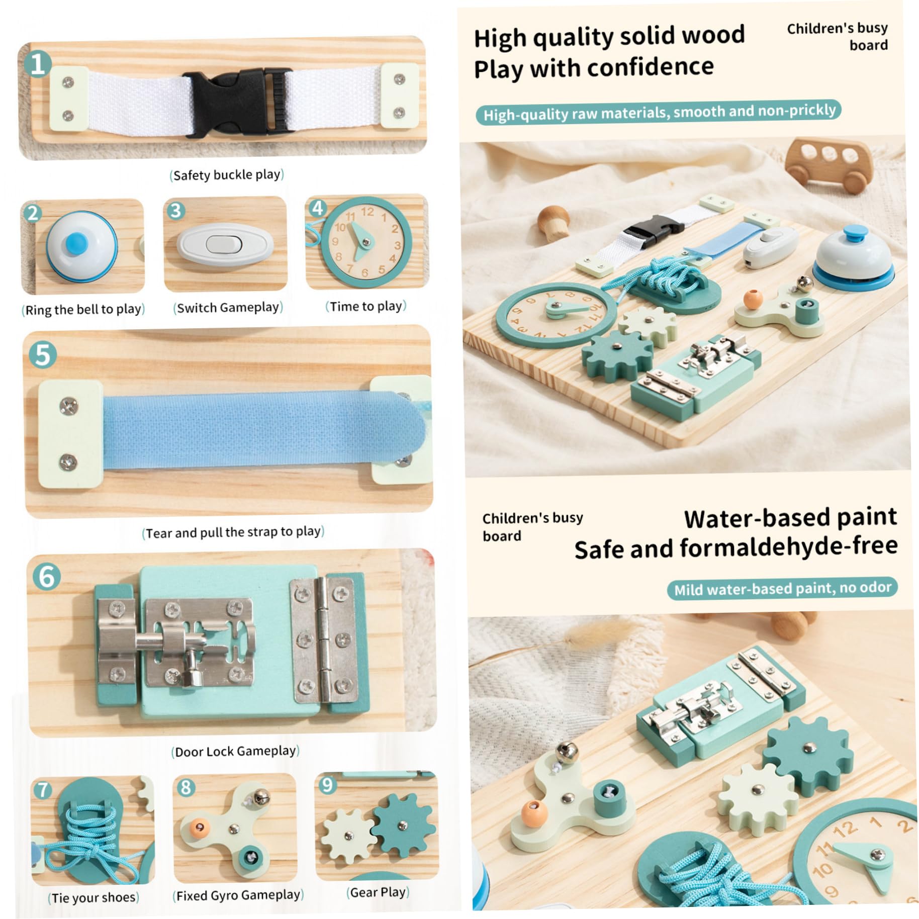 Tablero Ocupado de Madera de 9 vías para Habilidades motoras Finas, Juguetes Montessori, Bonita Mesa de Actividades para niños y niñas a Partir de 1 año