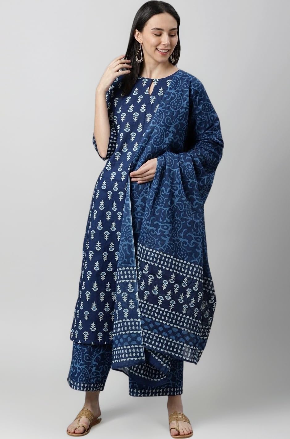 Women's Cotton Printed Straight Kurta with Palazzos and Dupatta Set