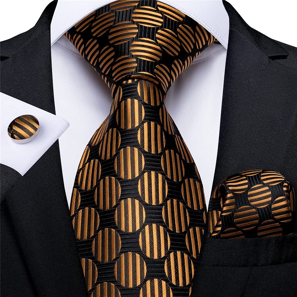 Caja de Regalo Conjunto de Corbata para Hombre Boda Formal Negocios Paquete de 3 Corbata para Hombre en Negro, Dorado y Verde, Gemelos y pañuelo