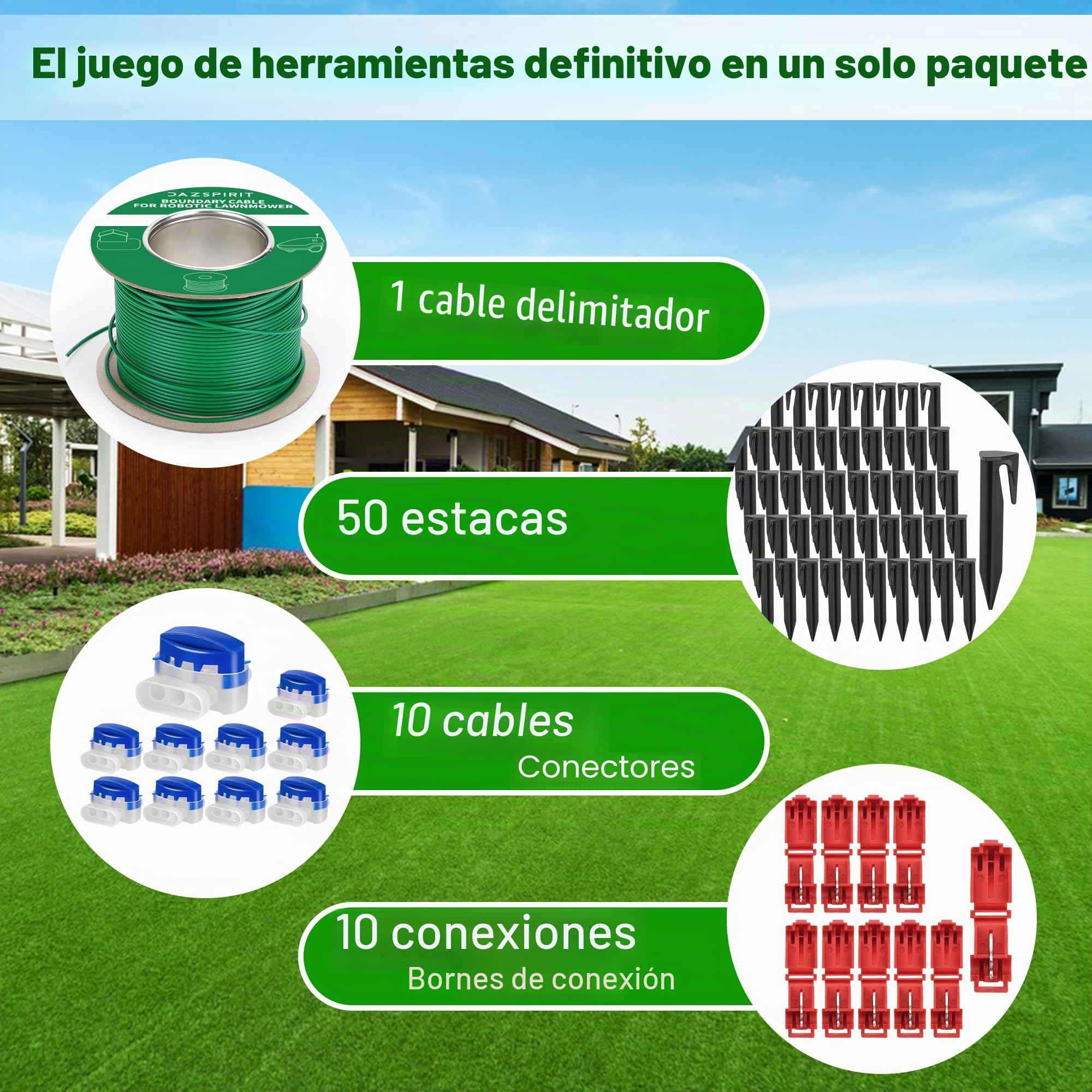 DazSpirit 100m Cable Delimitador para Robot Cortacesped + 50 Clavijas, 10 Conectores Cable, 10 Terminales Conexión, Kit de Accesorios Compatible con Gardena Bosch Husqvarna Worx Honda Robomow USW