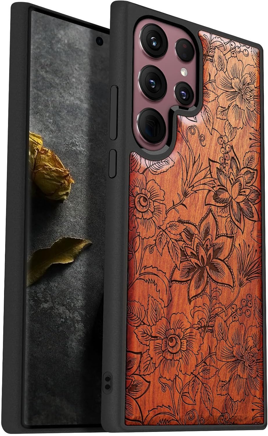 Carveit Wood Case for Galaxy S22 Ultra Case [Natural Wood & Black Soft TPU] Shockproof Protective Cover Unique Wooden Design Compatible with Samsung S22 Ultra (Flowers and Leaves-Walnut)