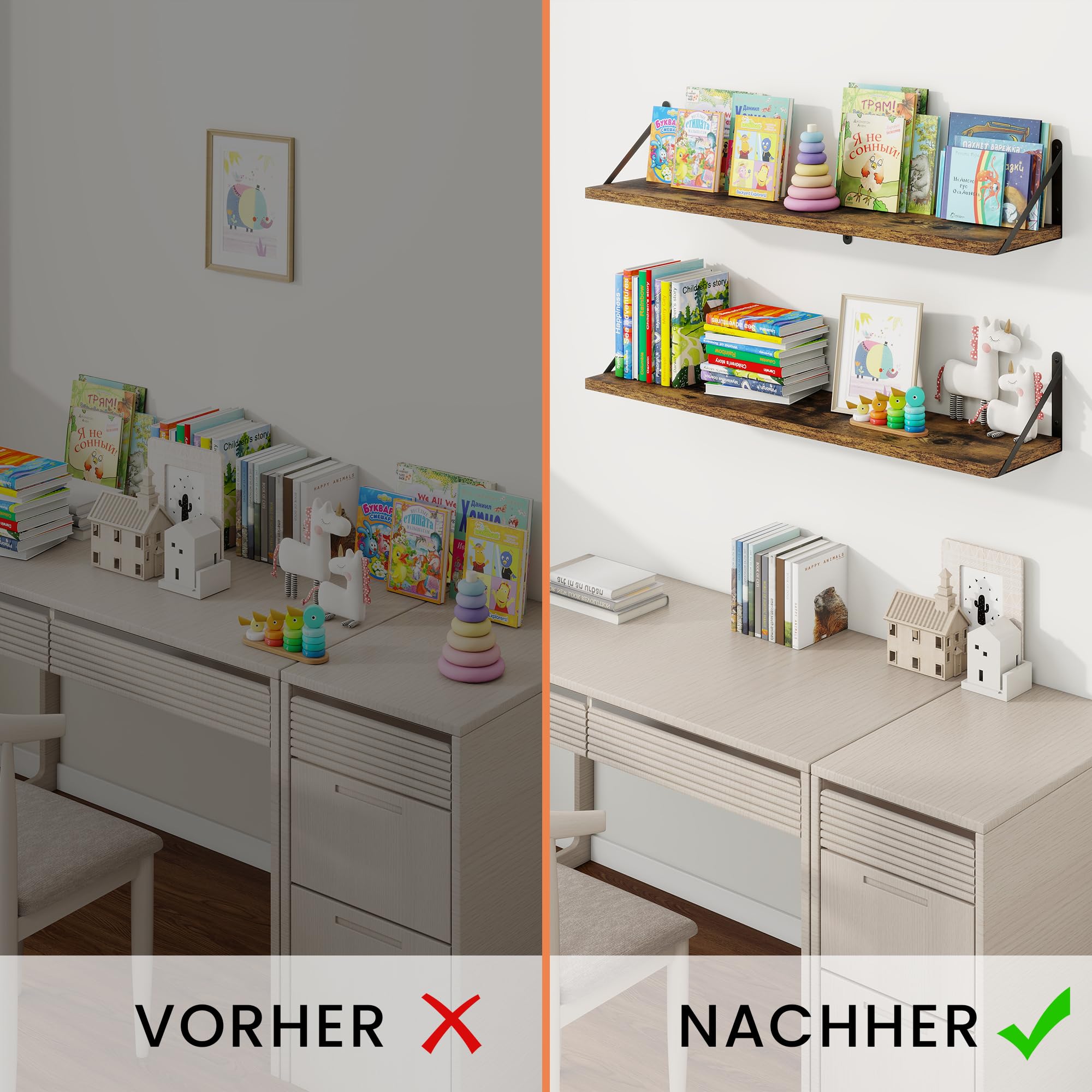Feihorrm 3er Set Bücherregal, Wandregal Rustikal Braun, Regal 90cm Breit | Wandregal Holz, Bücherregal Wand, Regale für Wände, Bücherregal Holz für Wohnzimmer, Schlafzimmer & Arbeitszimmer