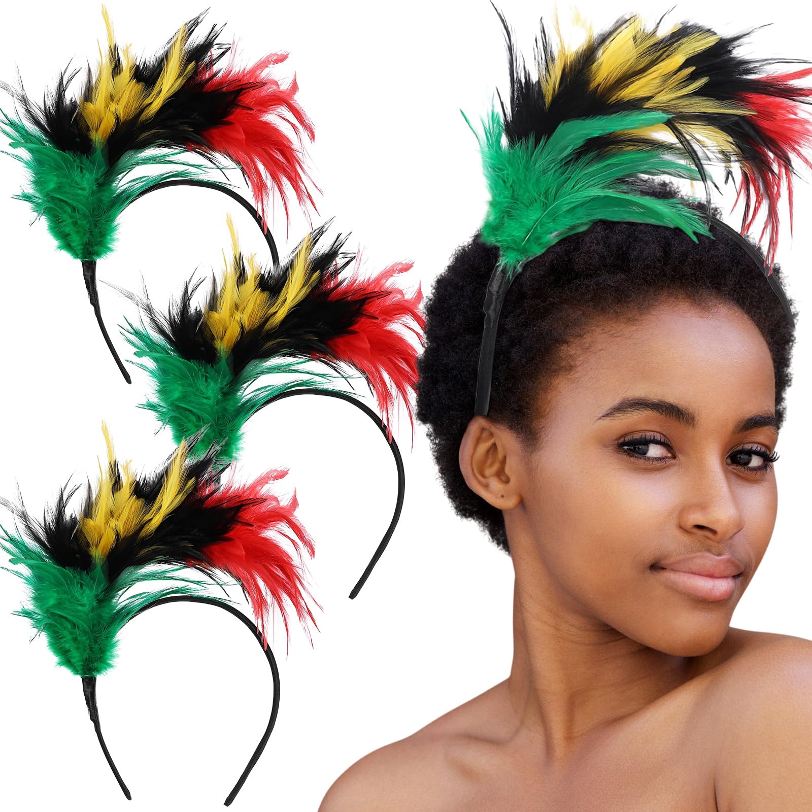 Solsew 3 Pcs Black History Month Decorations Headbands for Women African Headband Feather Fascinator for Unisex Outfit Accessories (Red,Black,Yellow)