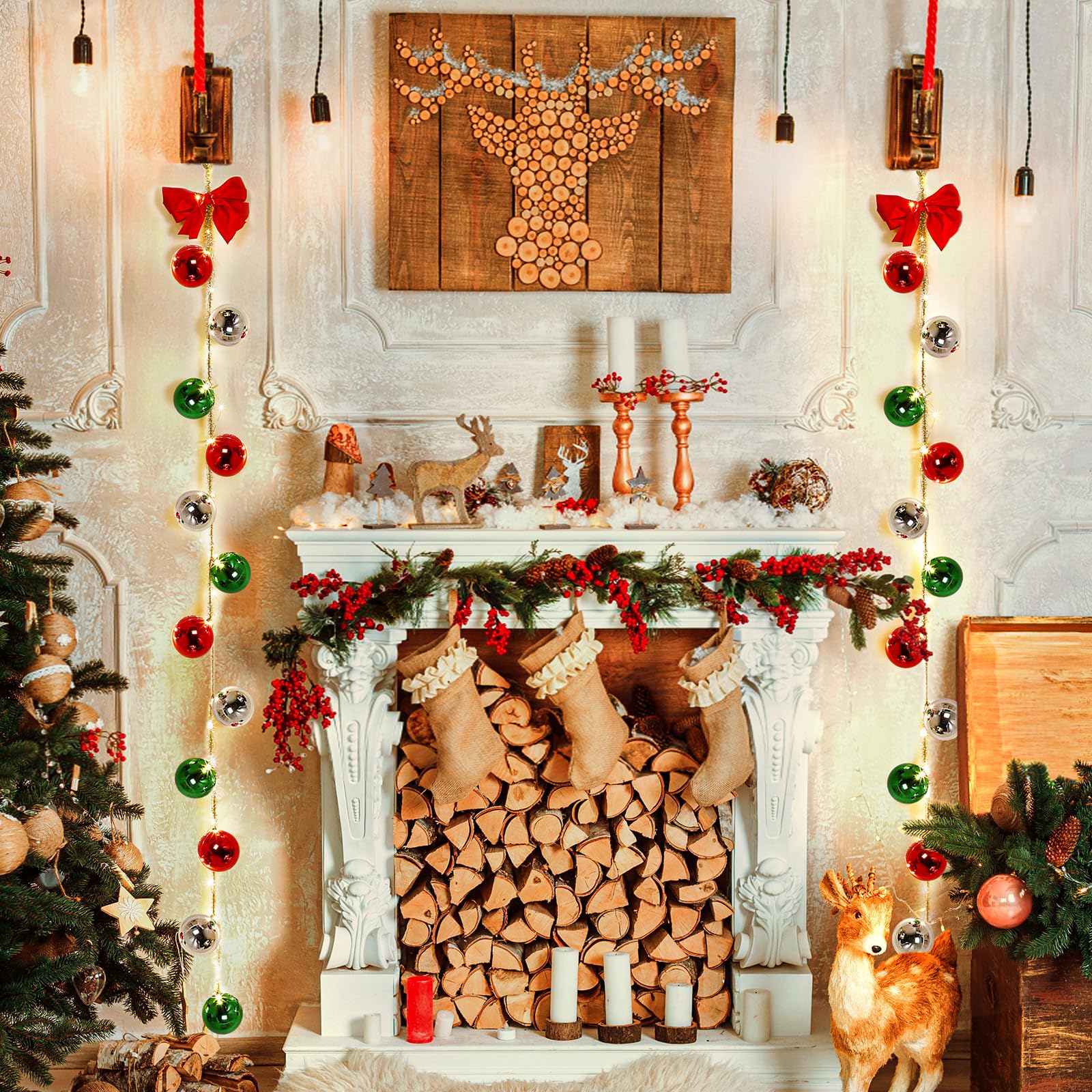 Pinkunn Weihnachtsdekoration, Weihnachtsdekoration, Kugelgirlanden mit roter Schleife, LED-Lichter, mehrfarbig, für Haustür, Weihnachtsbaum, Kranz, Fenster, Wand, Garten, Innen- und Außenbereich, 2