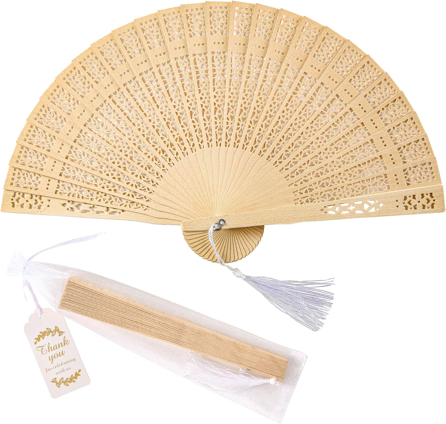 50Pcs Hand Fan Foldable Bulk 8 Inch Wooden Folding Fans with Organza Bags and Tag Gift for Wedding Favors for Guests (A)