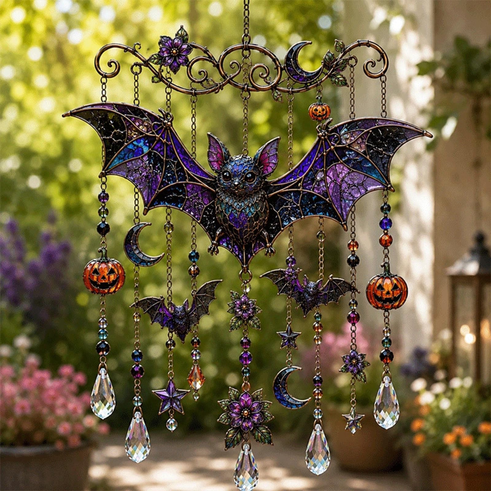 Halloween-Themed Crystal Wind Chime, Halloween Glass Suncatcher Wind Chime