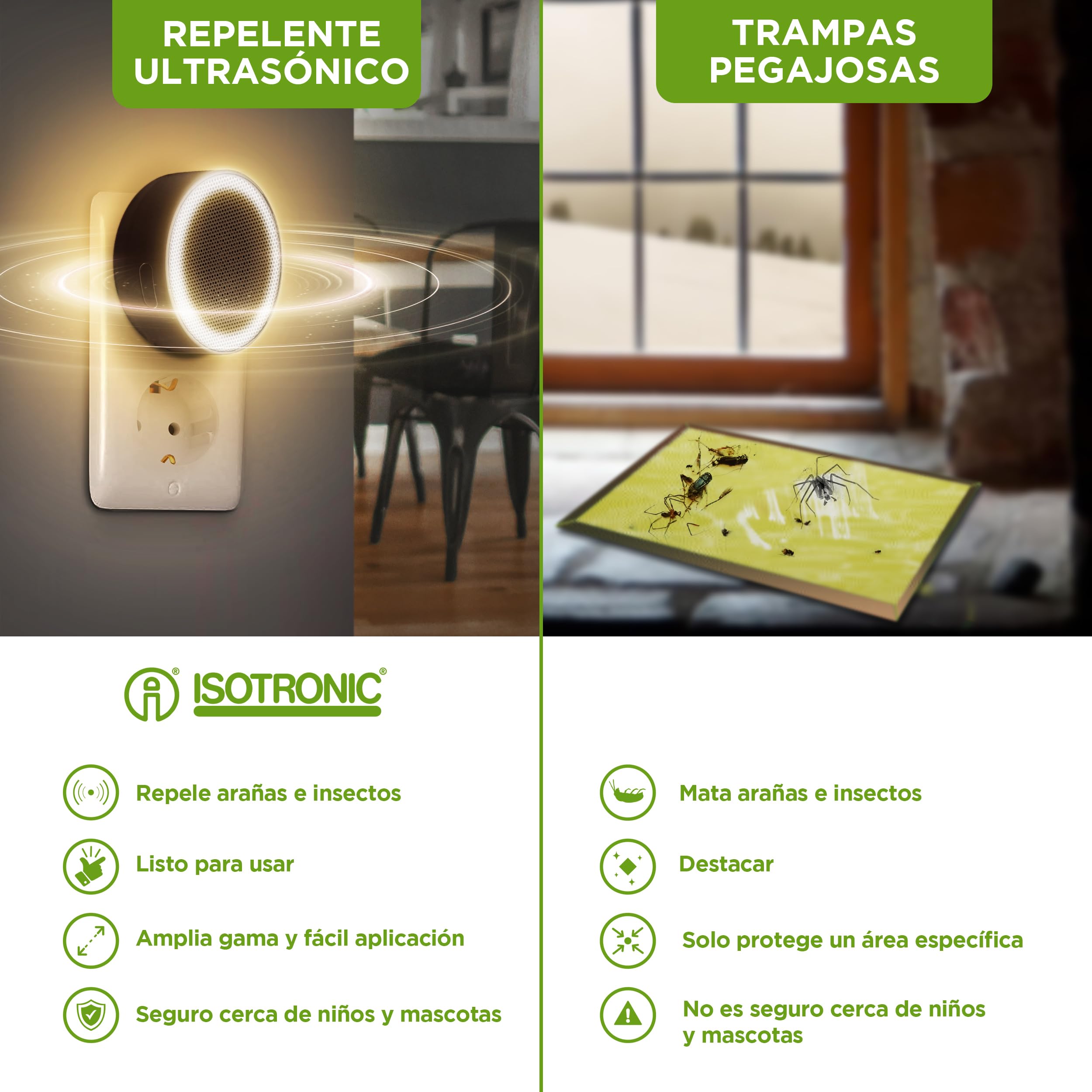 ISOTRONIC – Repelente ultrasónico de plagas para arañas, cucarachas, chinches y ácaros – Repelente de plagas con luz de orientación – Repelente de ácaros con un Alcance Efectivo de 30 m² (2 Unidades)