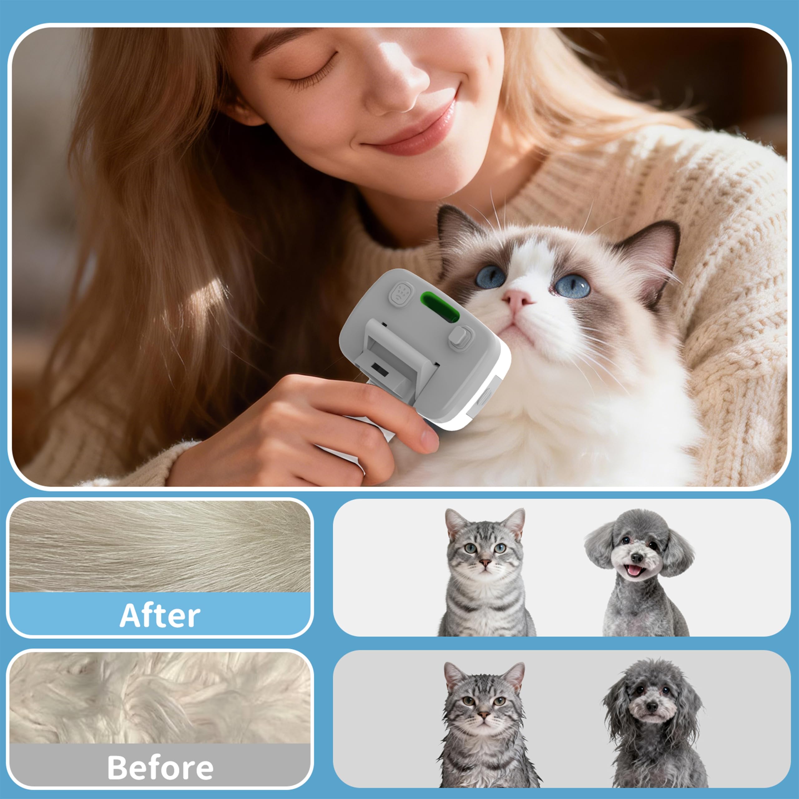 Cepillo de vapor para mascotas 5 en 1 para perros y gatos, autolimpieza, 3 cepillos para mascotas para alisar, desenredar, adelgazar, desprendimiento, aseo y depilación, incluye champú y