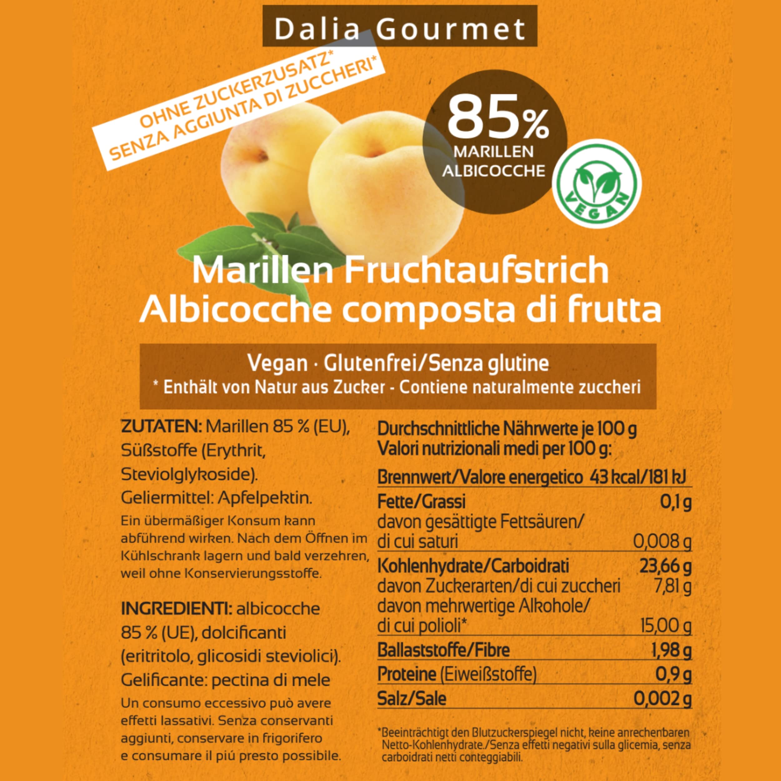 Dalia - Composta di frutta 85% | Senza aggiunta di zuccheri con ERITRITOLO - STEVIA | Prodotto artigianale italiano | 4 pezzi da 220 g | Albicocche