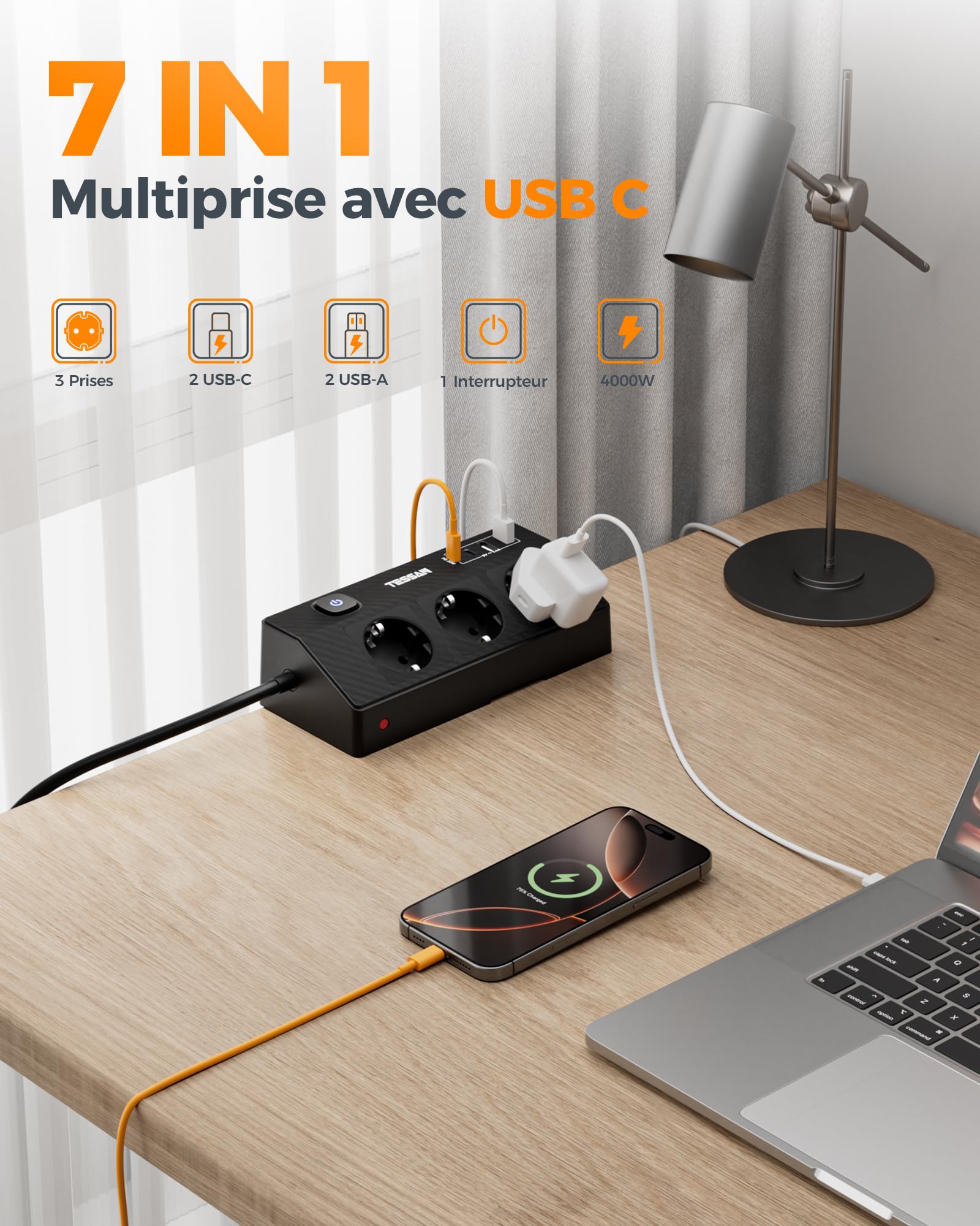 TESSAN Gniazdko stołowe z USB C (PD 20 W), z 3 gniazdami i 4 portami USB, listwa zasilająca 4000 W z zabezpieczeniem przed przeciążeniem i przedłużaczem 1,8 m, nadaje się do biura, czarna