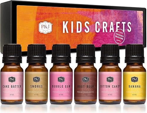 P&J - Juego de manualidades de aceite aromático para niños, cerveza de raíz, plátano, masa de pasteles, chicle, smores, aromas de velas de algodón