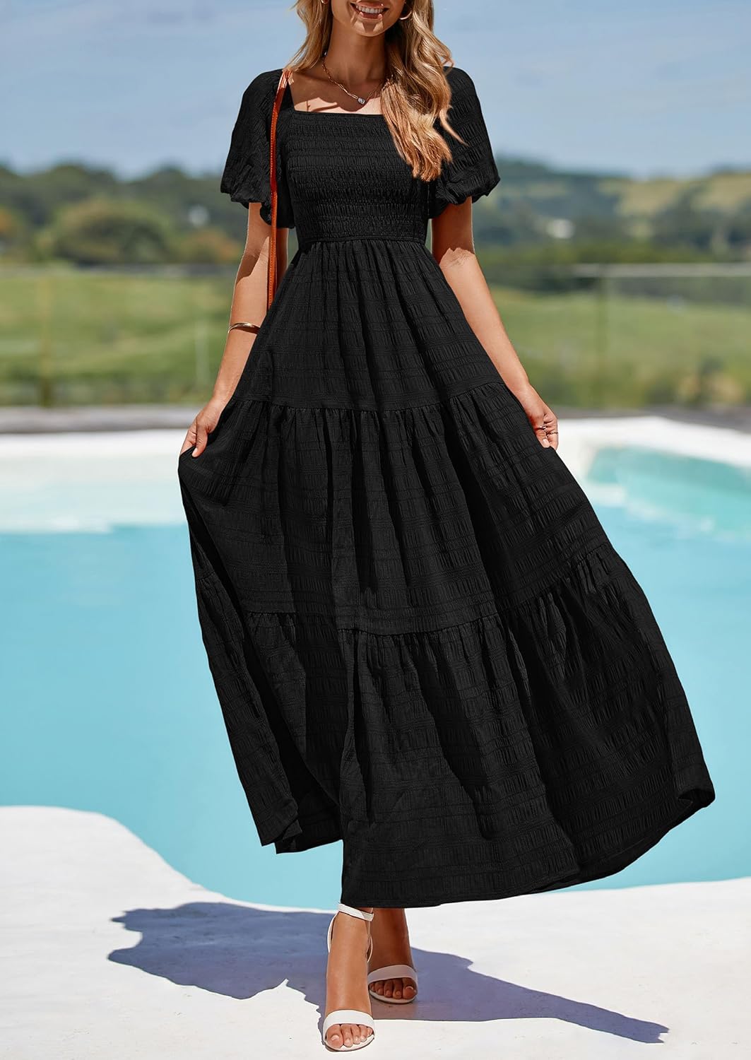 PRETTYGARDEN Womens Summer Puff Short Sleeve Maxi Dress Square Neck Smocked Tiered Ruffle A Line Long Flowy Beach Dresses - Image 3