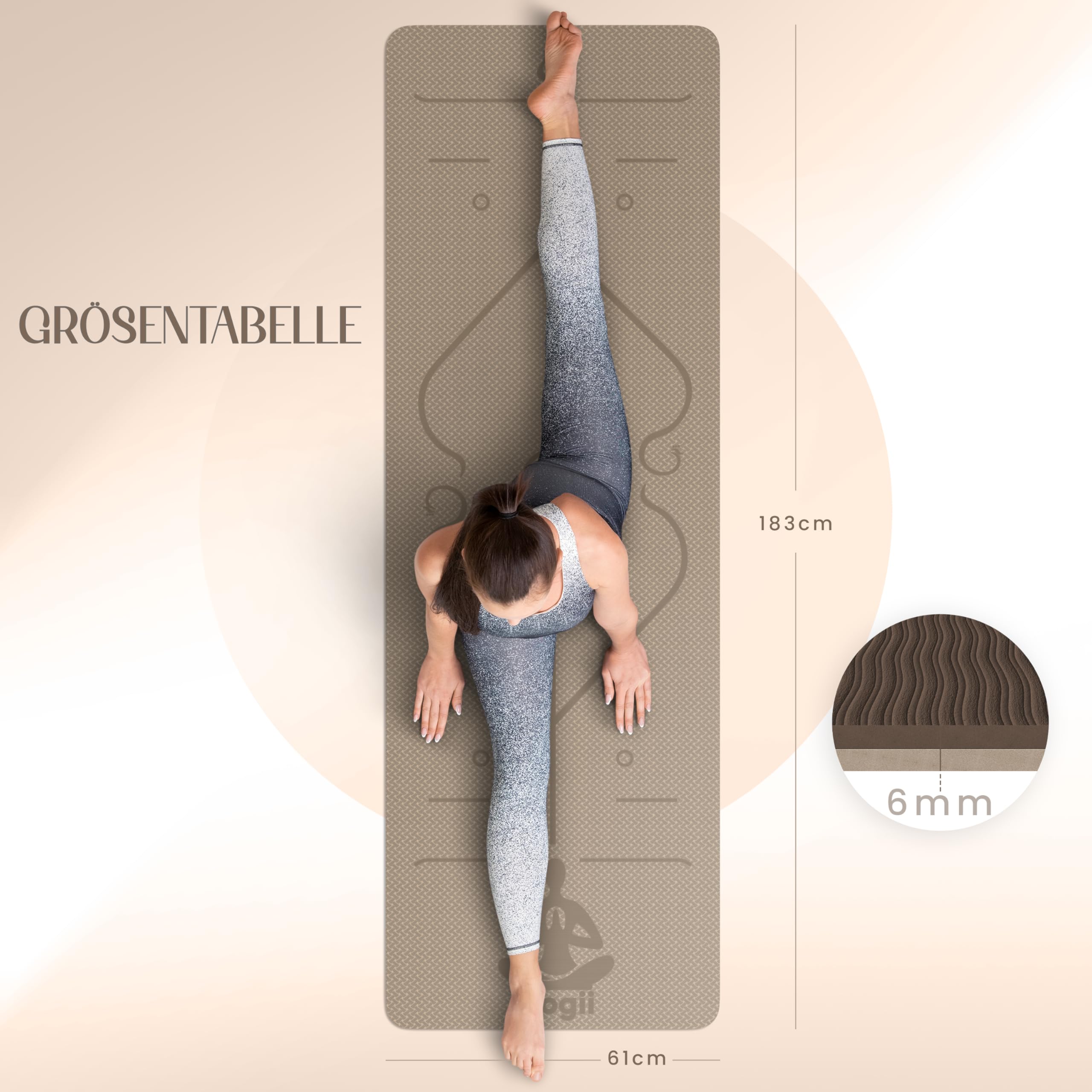 Yogii Yoga matte 6 mm rutschfest - TPE Fitnessmatte für Yoga, Pilates & Home Workout - Anti-Rutsch Sportmatte mit Alignment Linien - Gymnastikmatte für Damen & Herren