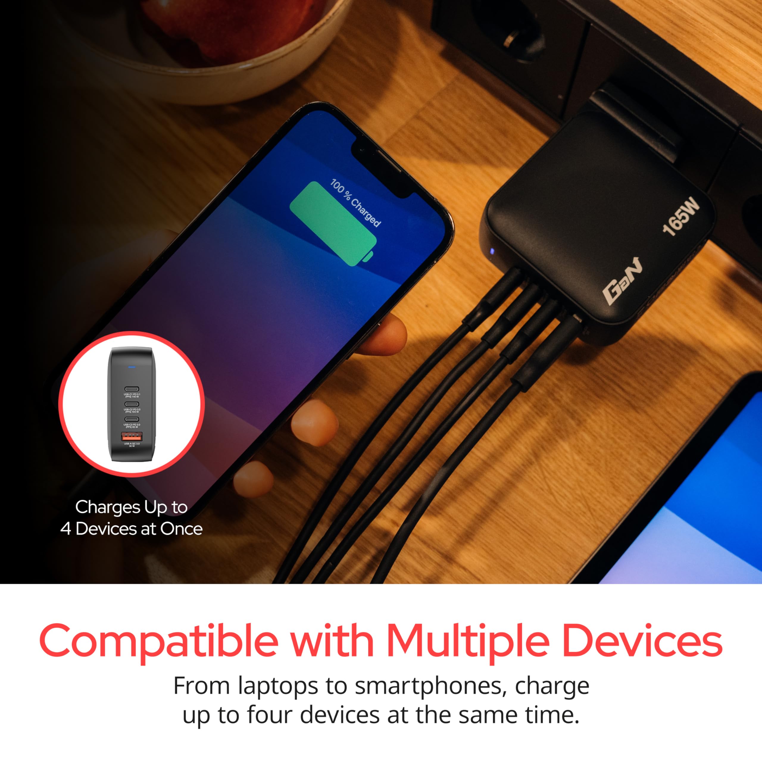 Verbatim Mini GaN Charger Adapter podróżny 165 W 1x USB-A, 3X USB-C® Power Delivery, USB PD 3.1, QC 3.0 Czarny Ładowanie