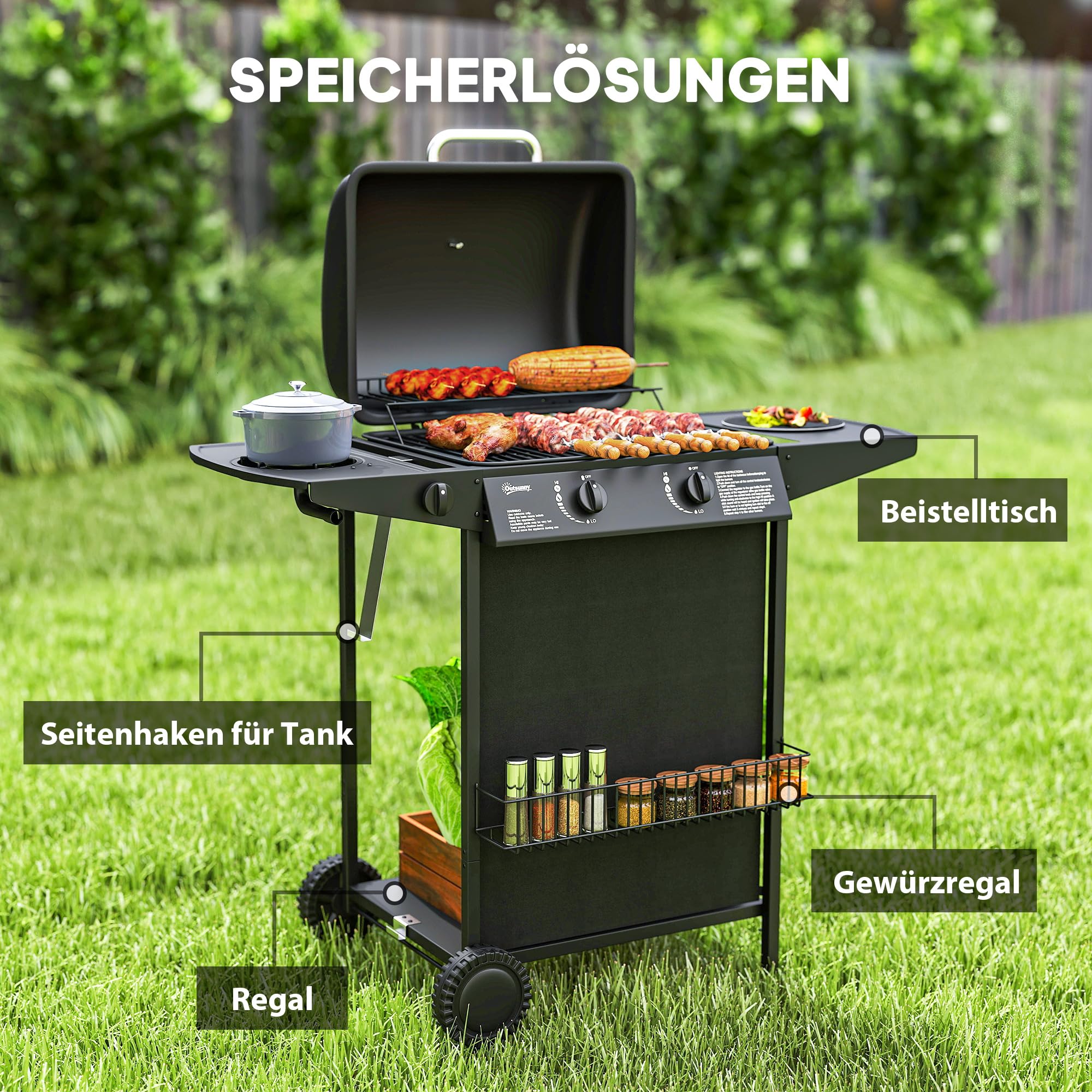 Outsunny Gasgrill 7 KW BBQ 3 Brenner Seitenkocher 107 x 54 x 96 cm | Gartengrill, Rolle, 2 Heizzonen, Druckminderer, Deckel Thermometer, Seitenablagen, Gasschlauch, Grillwagen, Grill, Balkon