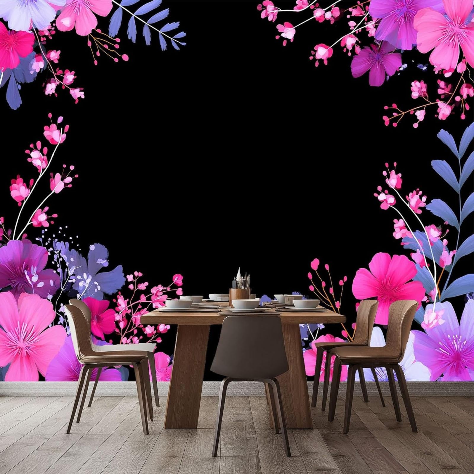 pdghsdkgjh 3D Photo Wallpaper Cartoon Style Romantic Flowers Black, Non-Woven Wall Decoration for Bedroom Living Room Sofa Background, 400cm x 280cm Stickers - Frameless Painting - Poster