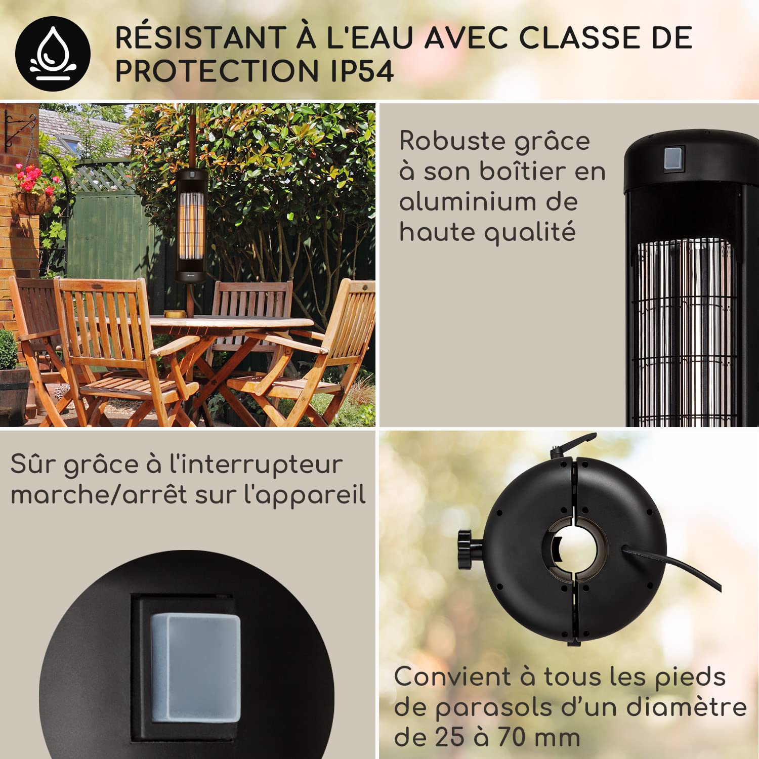 Klarstein Chauffage Electrique à Infrarouge, Chauffage de Jardin 2000W, Terrasse Exterieur IP54, Efficacité Energétique, Fixer Sur Parasols de Jardin, d'Appoint Econome, Sans CO2