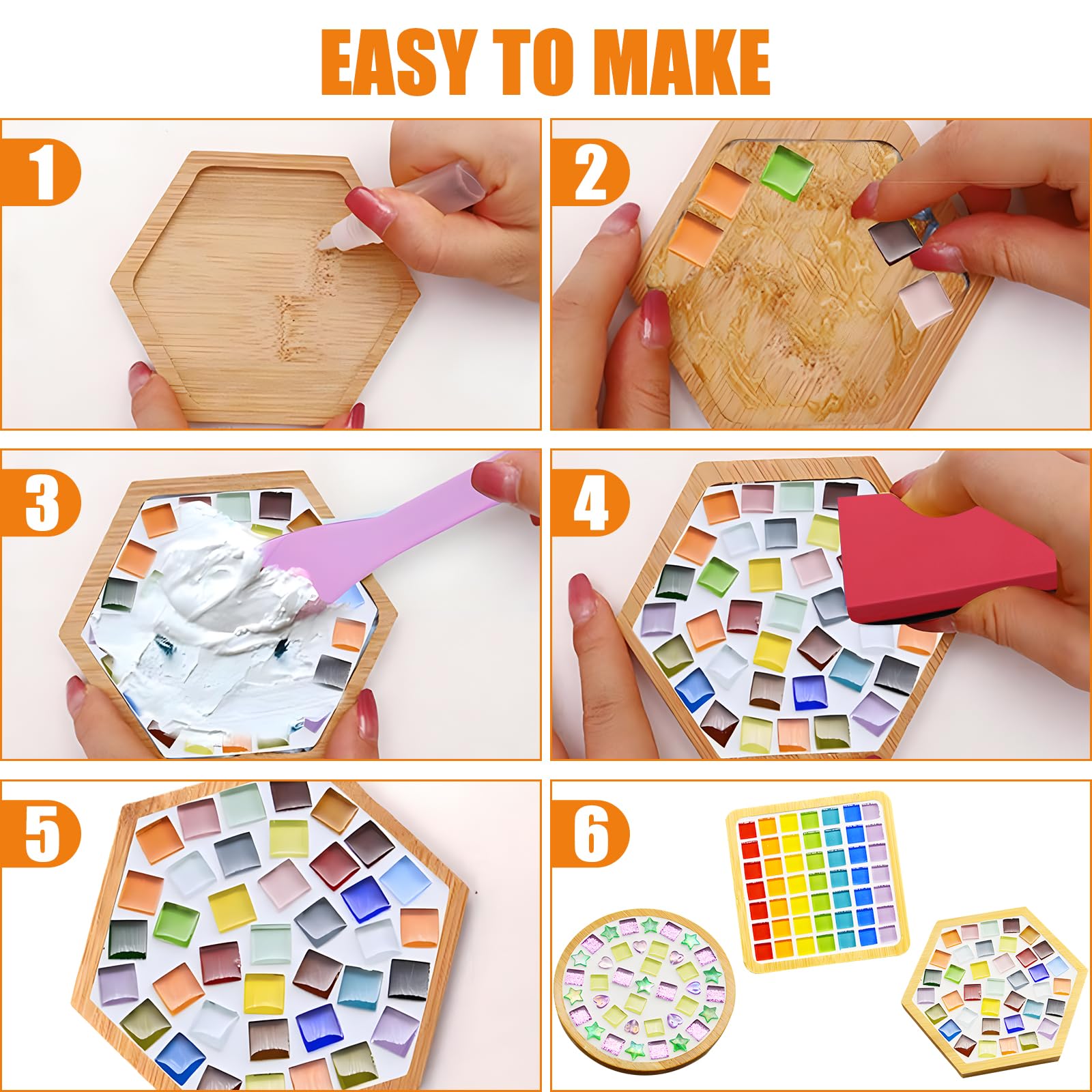 Kit D'Artisanat Mosaïque - Créez 3 Sous-Verres En Bois Avec Carreaux De Verre - Cadeau Idéal Pour Enfants