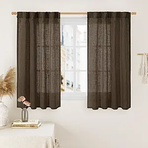 LAMIT Linen Curtains 45 Inch Length 2 Panels, Light Filtering Panels Back Tab and Rod Pocket Neutral Drapes for Kitchen/Window/Loft Room/Bedroom, 34 x 45 Inch Dark Brown
