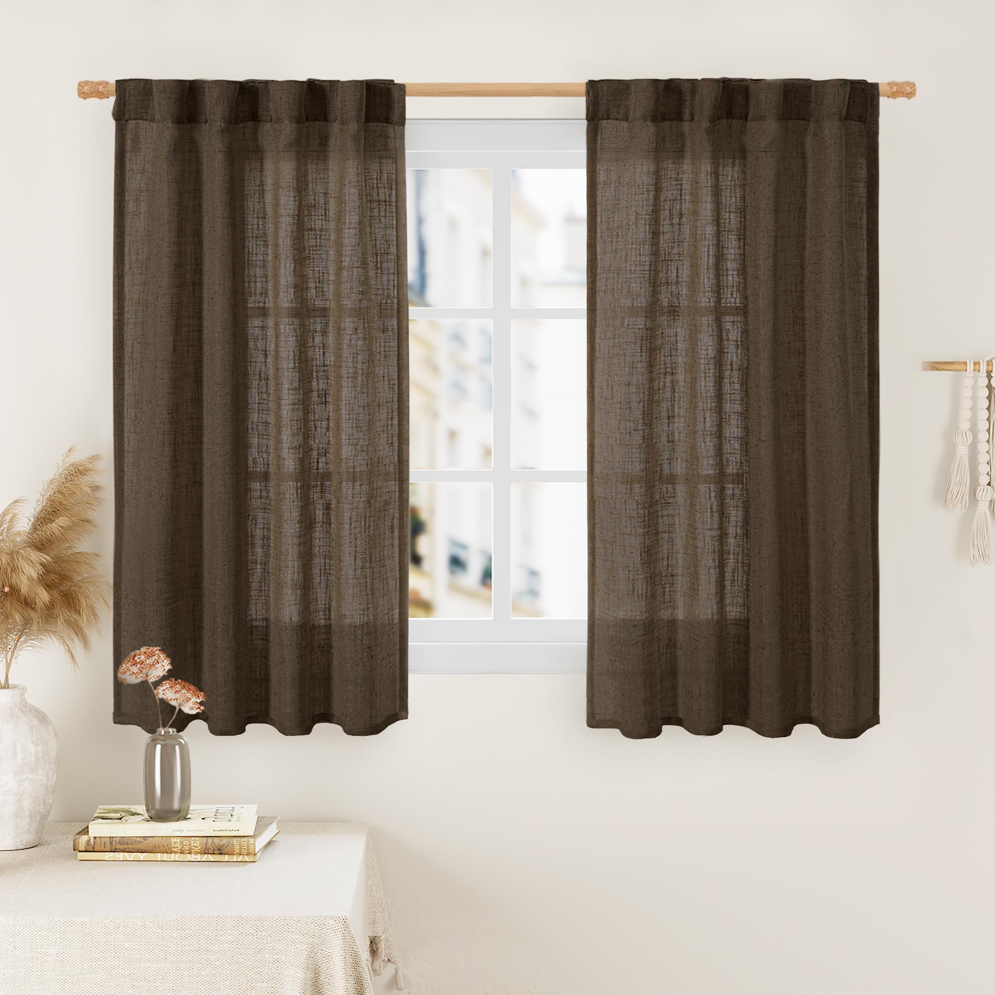 LAMIT 54 Inch Length Linen Curtains for Small Window, Semi Sheer Light Filtering Panels Back Tab and Rod Pocket Neutral Drapes for Bedroom, Dark Brown, 2 Panels, 34 x 54 Inch