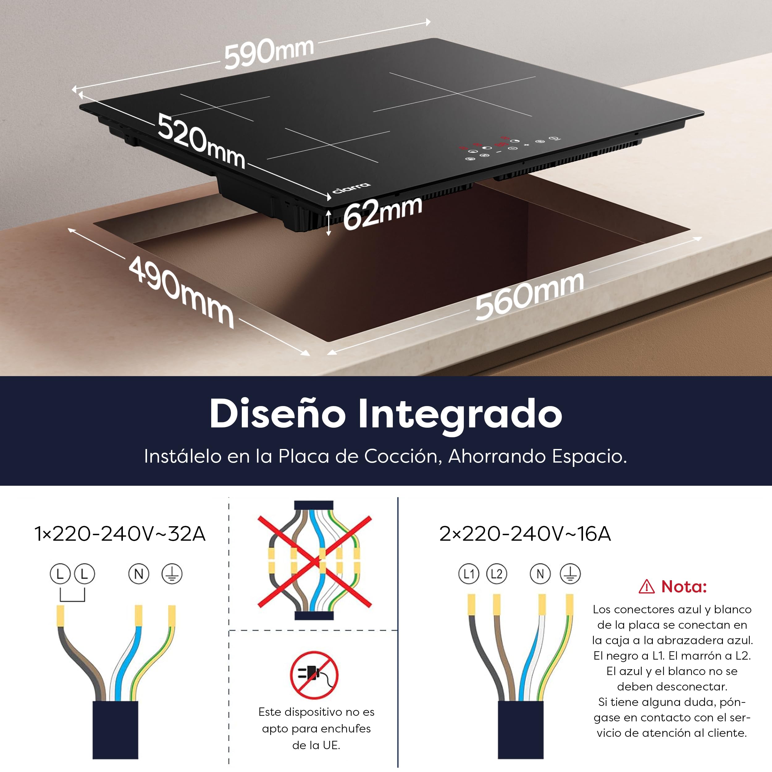 CIARRA Placa Induccion 3 Fuegos 6200W 60cm, CBBIH3 | Limitación de Potencia, Booster, Función Pausa, Temporizador, Bloqueo de Seguridad