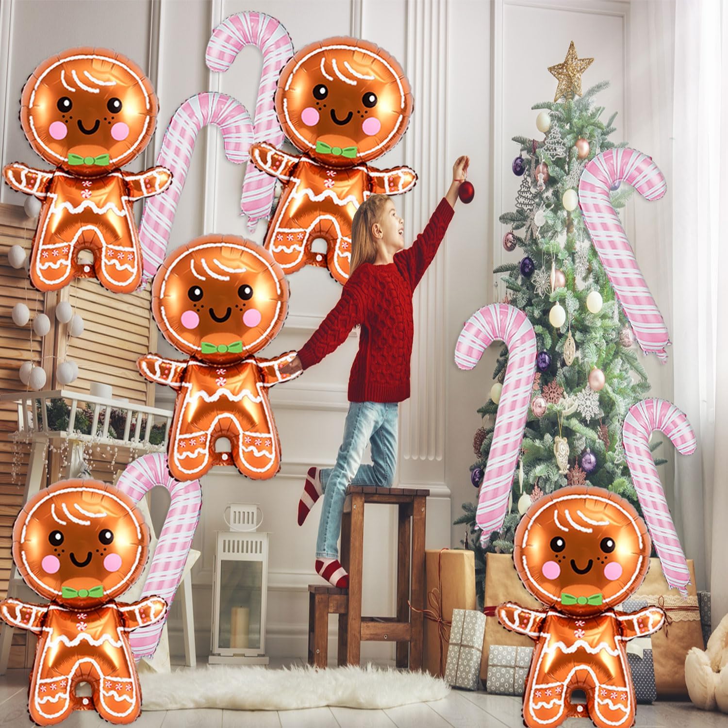 11PCS Large Gingerbread Balloons Pink Candy Cane Balloons Set, Gingerbread Foil Balloons for Gingerbread Party Decorations, Candy Cane Foil Balloons for Candy Canes Christmas Decorations - Image 7