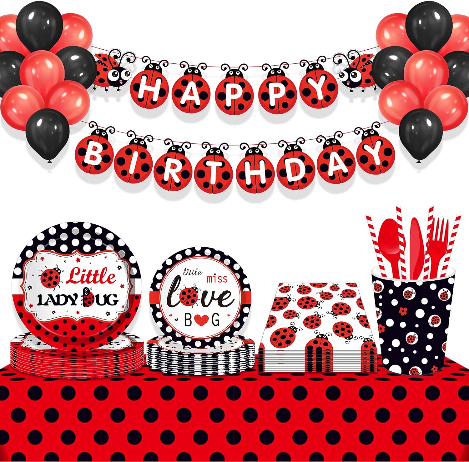 141 PCS Ladybug Fancy Birthday Party Supplies Disposable Tableware Kit Fancy Red and Black Polka Dot Ladybugs Plates Cups Napkins Sets Serves 16 Guests image 5
