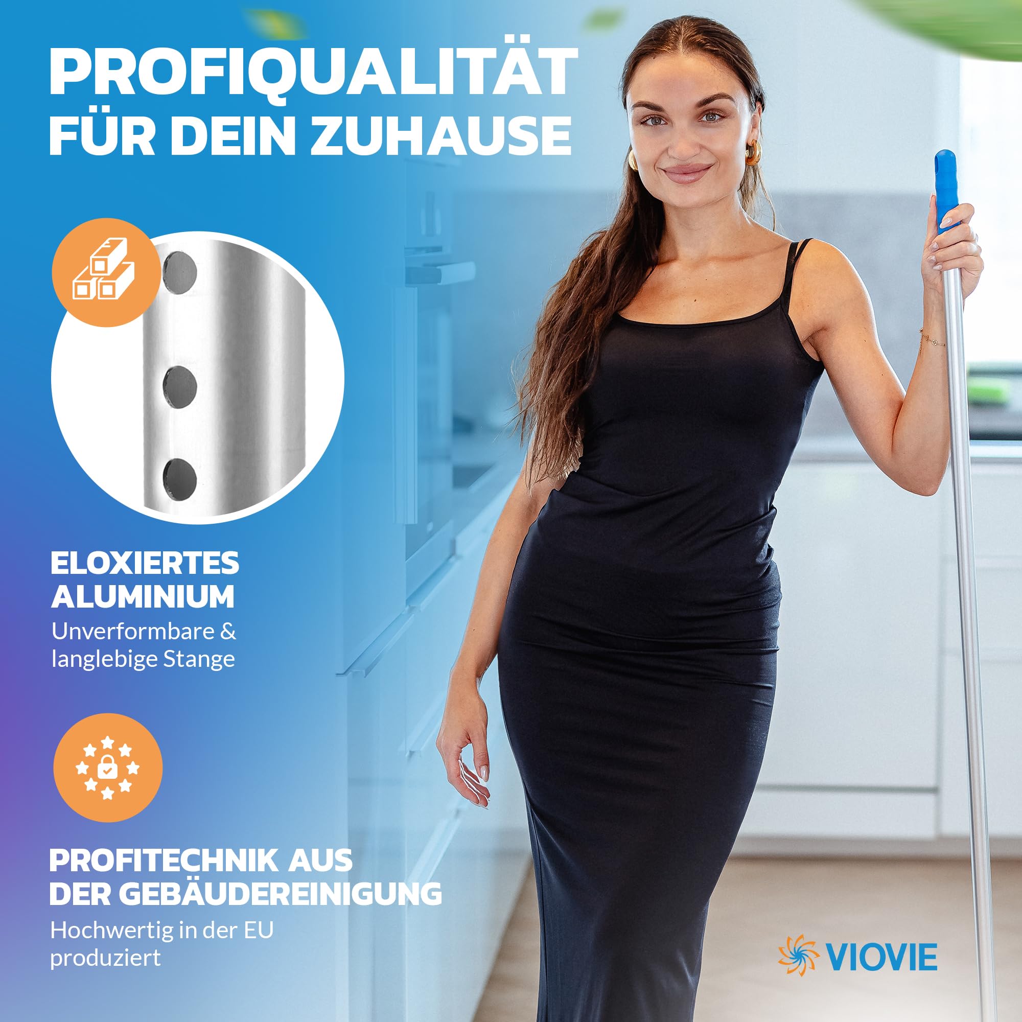 VIOVIE Premium ruitenwisserset, 40 cm, katoenen dweilmop | 140 cm aluminium steel, magneethouder met 1 kliksysteem voor eenvoudig wisselen | ergonomisch, rugvriendelijk en duurzaam | geschikt voor