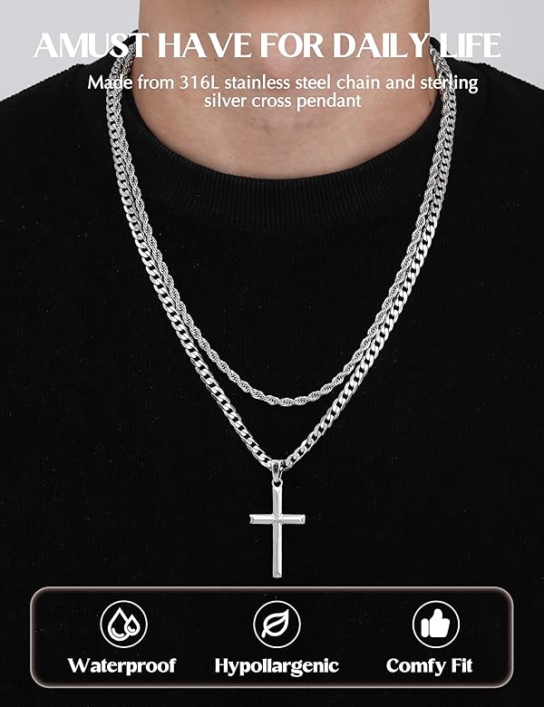 925 Sterling Silver Cross Necklace for Men - Layered Cross Pendant Necklaces Waterproof Stainless Steel Cuban Link Rope Chain Silver Necklace Stack Jewelry with Gift Box 24&26 Inches by FIBO STEEL - Image 2