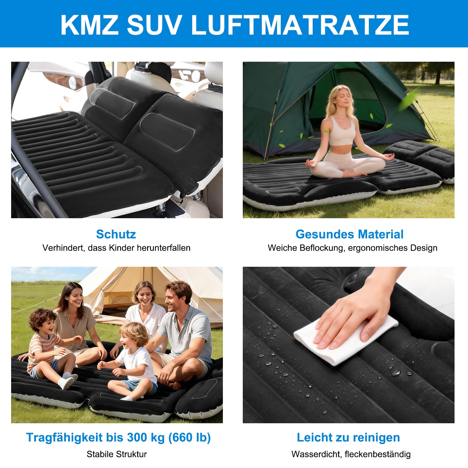 KMZ Auto Luftmatratze für SUV und Auto, Aufblasbares Autobett für Camping, Doppelseitig Beflockte Automatratze für Kofferraum und Rückbank