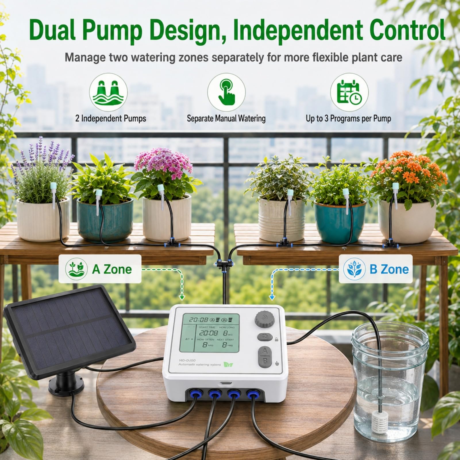 Automatisches Pflanzenbewässerungssystem mit App-Steuerung | WiFi-Smart-Tropfbewässerungsset, Solarbetrieben für Balkongarten und 20 Töpfe