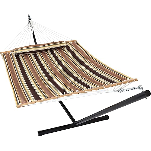Sunnydaze 2-Person Double Hammock with 12-Foot Portable Steel Stand & Spreader Bars, Quilted Fabric Bed, Sandy Beach