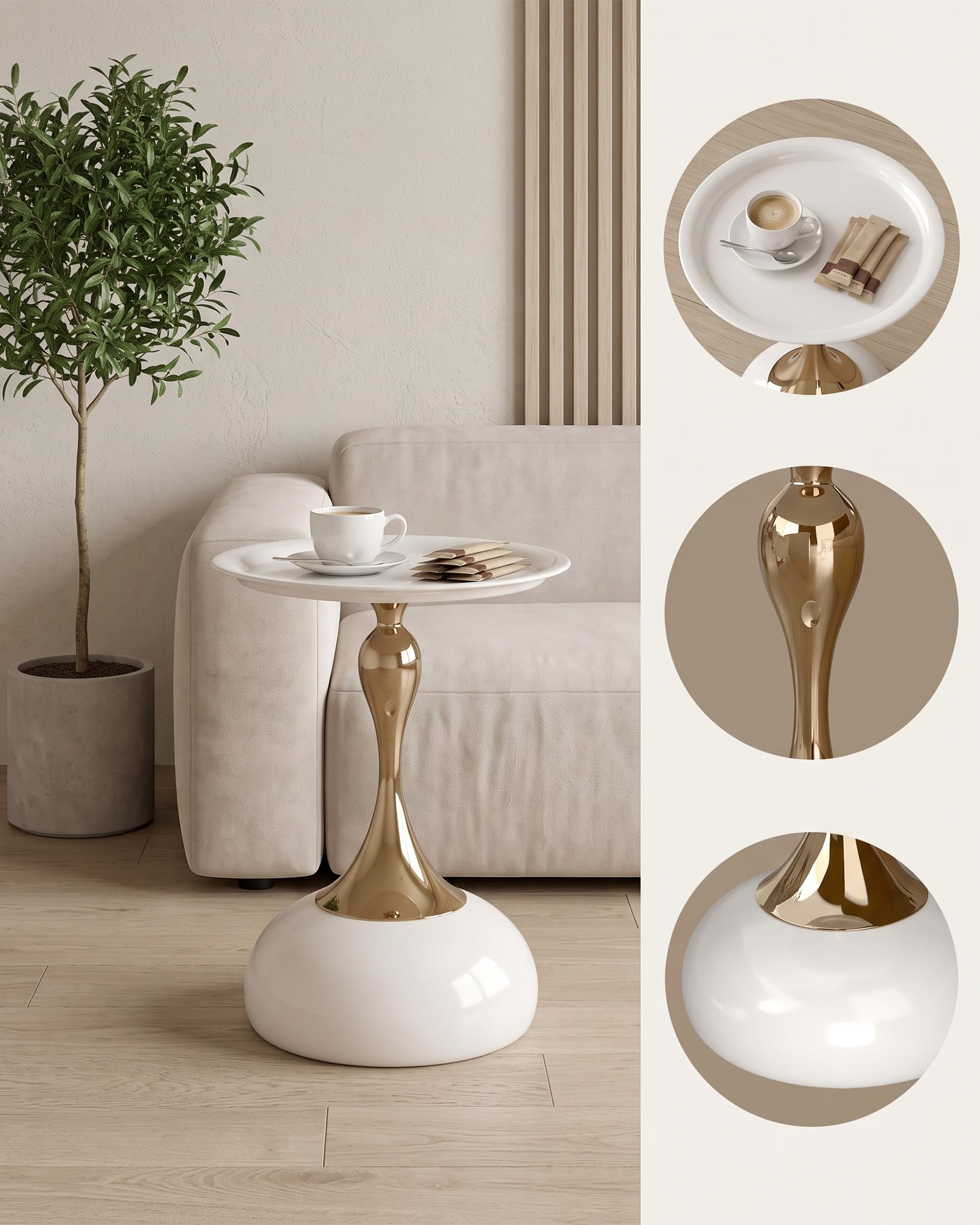 Set di 2 Tavolino da Caffè Rotondo, Piccoli Tavolini Salotto, Tavolino Soggiorno Moderno in Metallo, Oro e Bianco, 2 Pezzi