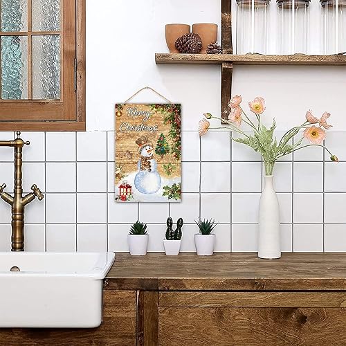 Miniatura 5 de CustonCares Merry Christmas Muñeco de nieve para decoración de habitación, letrero de madera establecido, muñeco de nieve rústico con regalo,