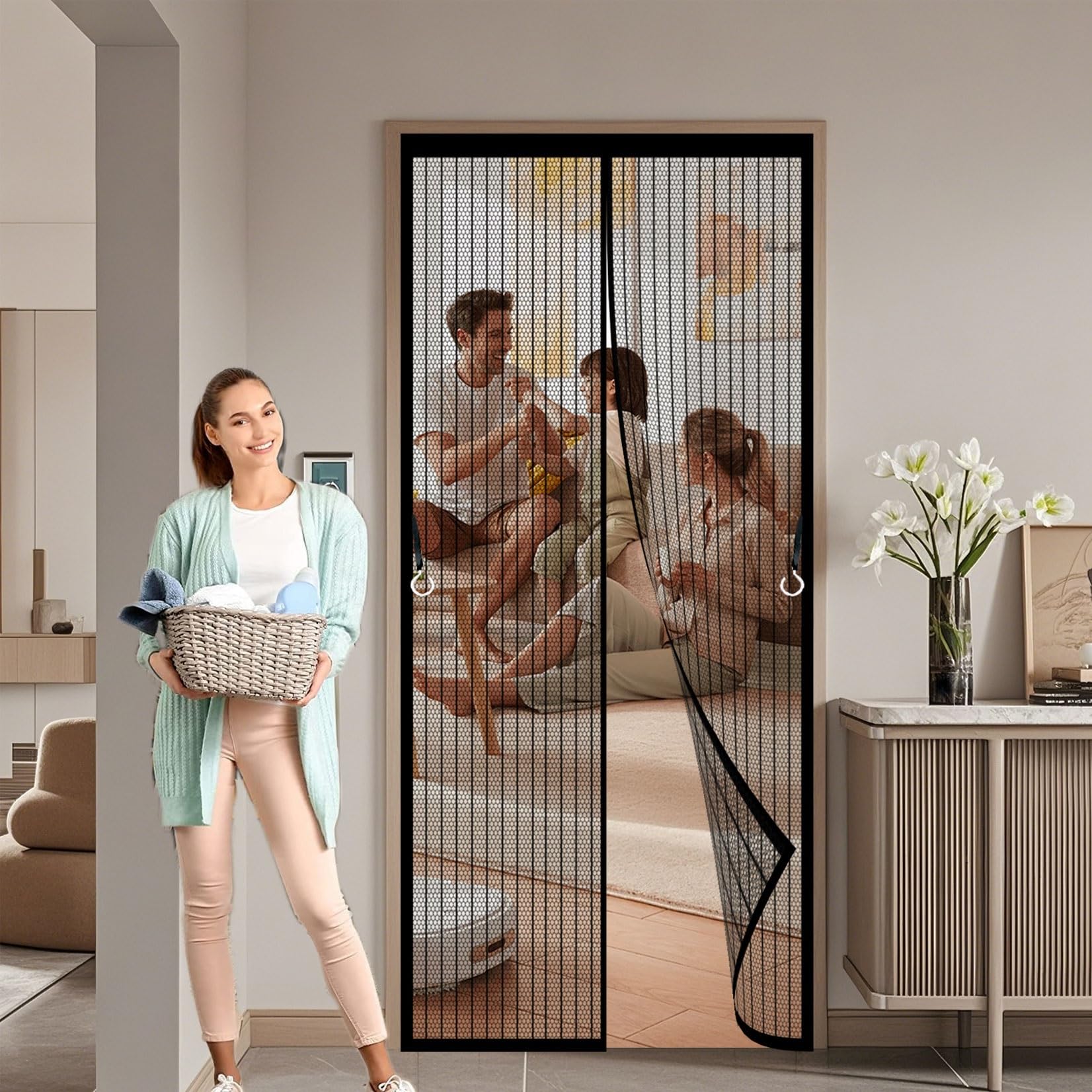 Moustiquaire magnétique pour porte de patio et couloir en maille noire