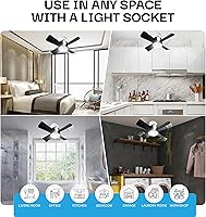 Vista 4 de Bell+Howell Socket Breeze Deluxe, pequeño ventilador de techo con luz LED y mando a distancia, velocidades y brillo ajustables, ventilador de luz