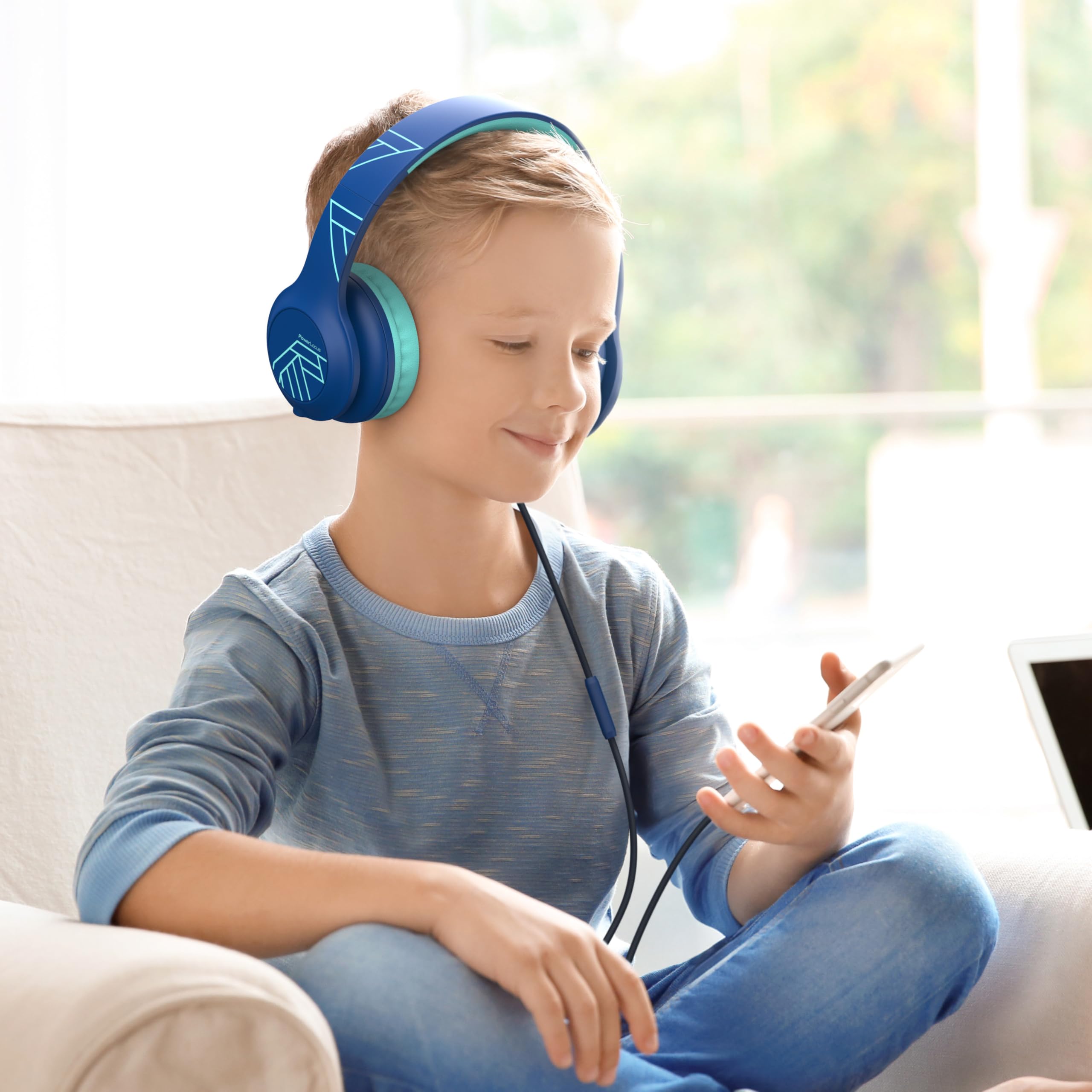 PowerLocus Cuffie per Bambini con Filo, Pieghevoli, Limitazione Volume 85/94dB, 3.5mm Jack, Microfono, Hi-Fi Stereo per Telefono/Viaggio/PC (Blu)