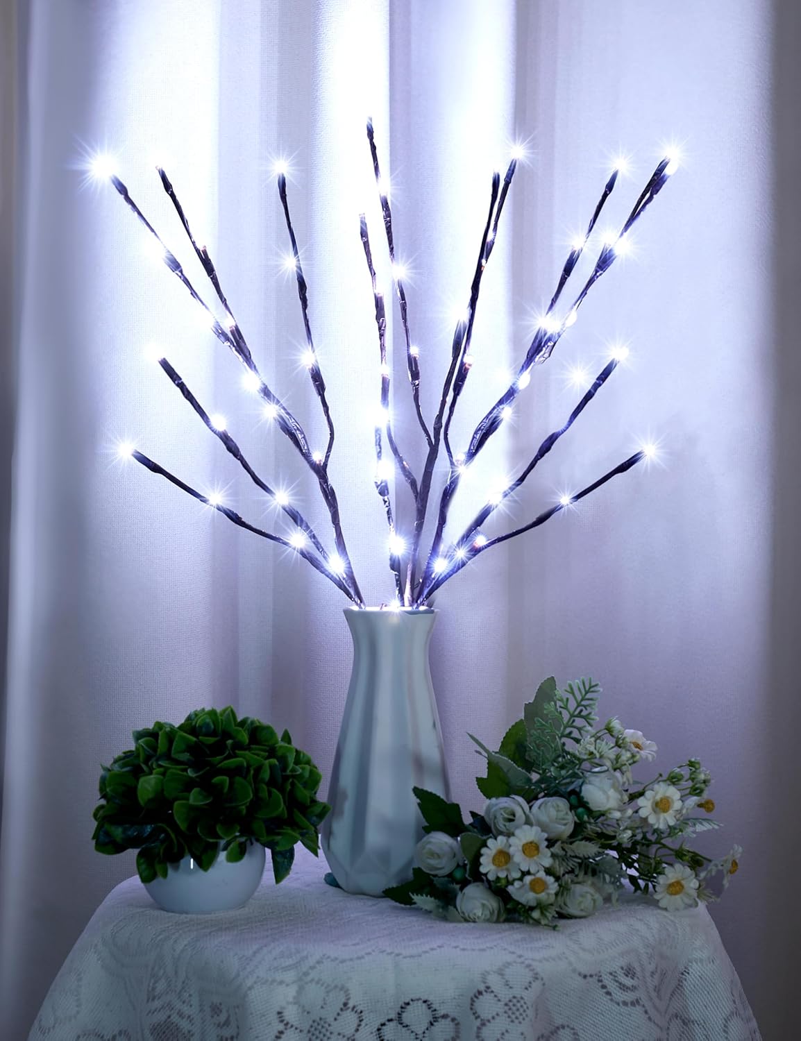 Lighted Branches for Vases Plug in - 6 Pack 24Inch 60 LED Christmas DIY Twig Pathway Lights, Artificial Tree Bendable Xmas Fairy Lights with Stakes for Outdoor Indoor Party Decoration, Pure White