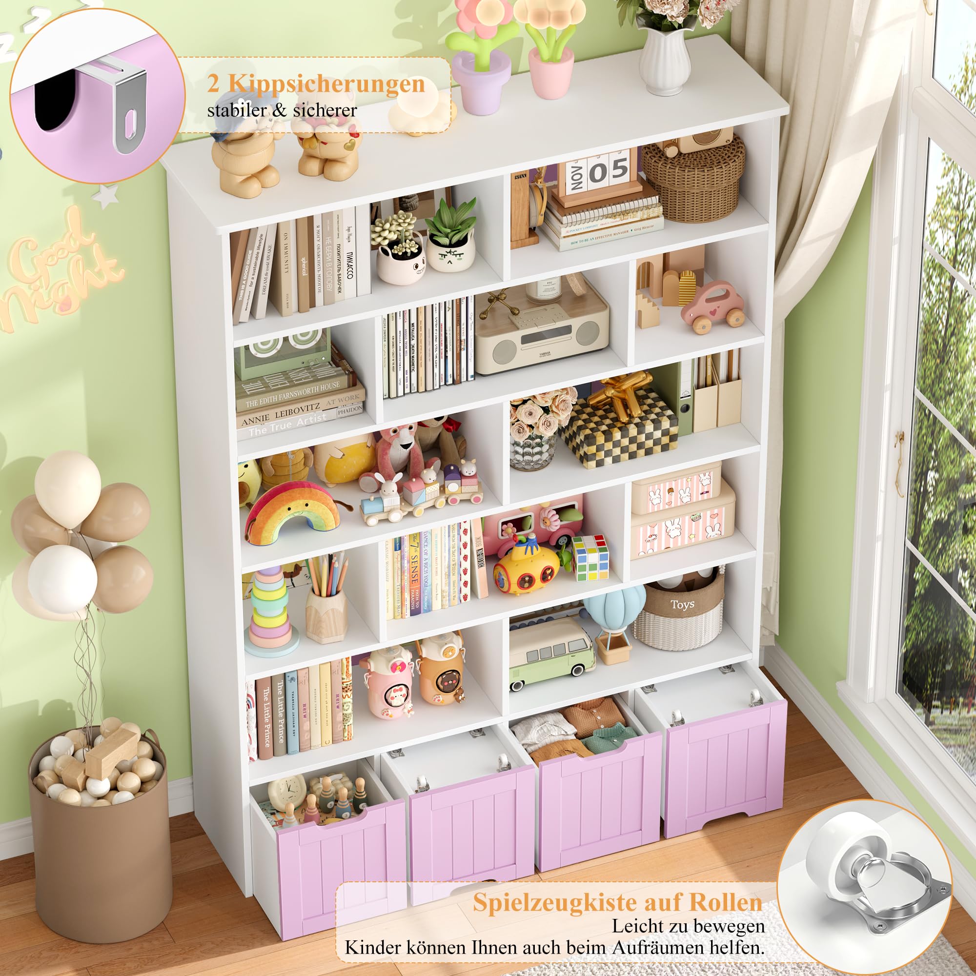 FOREHILL Kinderregal 6 Ebenen, Kinderzimmer Möbel, Bücherregal für Kinder | Kinderschrank mit Boxen auf Rollen, Spielzeug Aufbewahrung für Kinderzimmer, Kindergarten, Leseecke 175x33x125,5cm Flieder