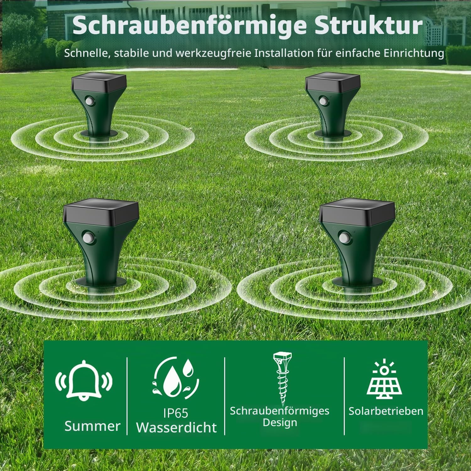 Maulwurf Vertreiber 4er Pack, Solar Maulwurfschreck mit Ultraschall & KI-Wechselfrequenz, Effektive Wühlmausabwehr gegen Maulwürfe und Wühlmäuse, IP65 Wasserdicht für Garten und Außenbereich