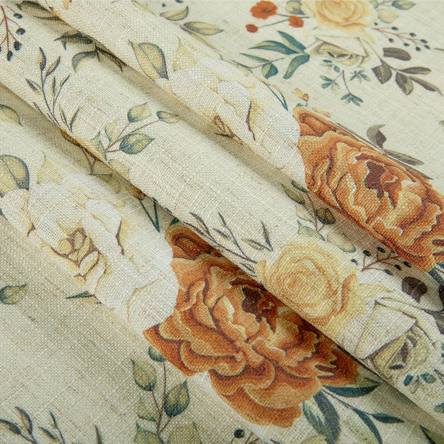 TWOPAGES Linen Textured Floral Curtain 63 Inch Length Pinch Pleat Curtain for Farmhouse Small Window Vintage Light Filtering Drape, 1 Panel, 26W x 63L, Light Brown