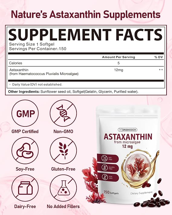 Astaxanthin 12mg 150 Softgels, Natural Astaxanthin Supplements from Microalgae Source - Triple Strength Antioxidant Supports Skin, Eye & Joint Health - 5 Month Supply