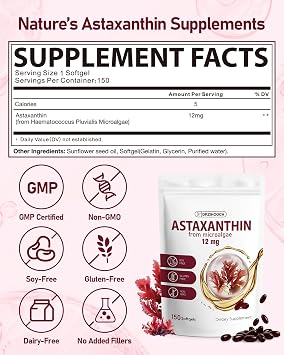Astaxanthin 12mg 150 Softgels, Natural Astaxanthin Supplements from Microalgae Source - Triple Strength Antioxidant Supports Skin, Eye & Joint Health - 5 Month Supply