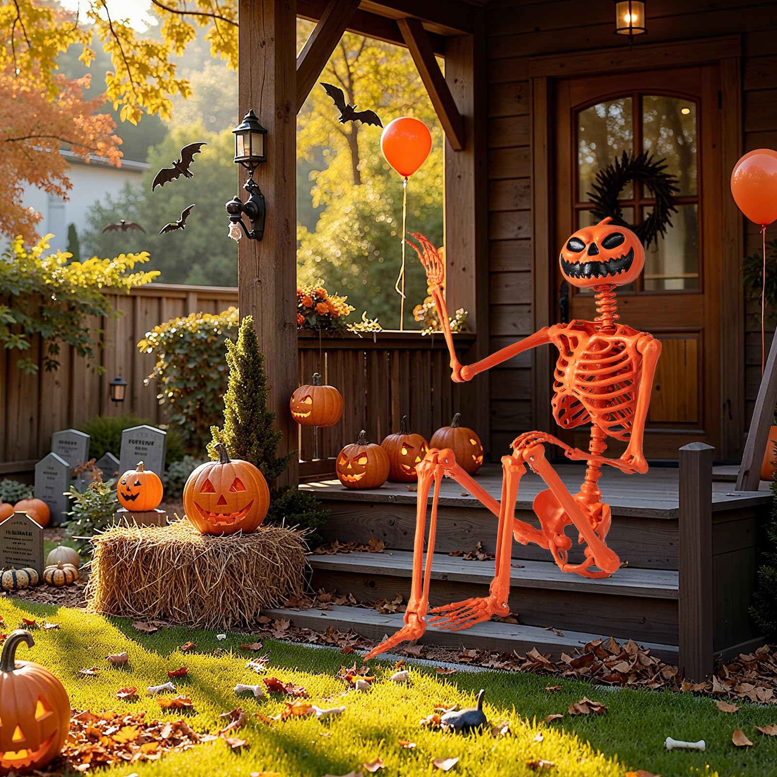 COSTWAY Halloween Deko Skelett, 158 cm, Skelette Kürbis mit beweglichen Gelenken & Seil, Lebensgroße Halloween Dekoration, Plastik, für drinnen, draußen, Friedhofspartys und Spukhaus-Partys, Orange