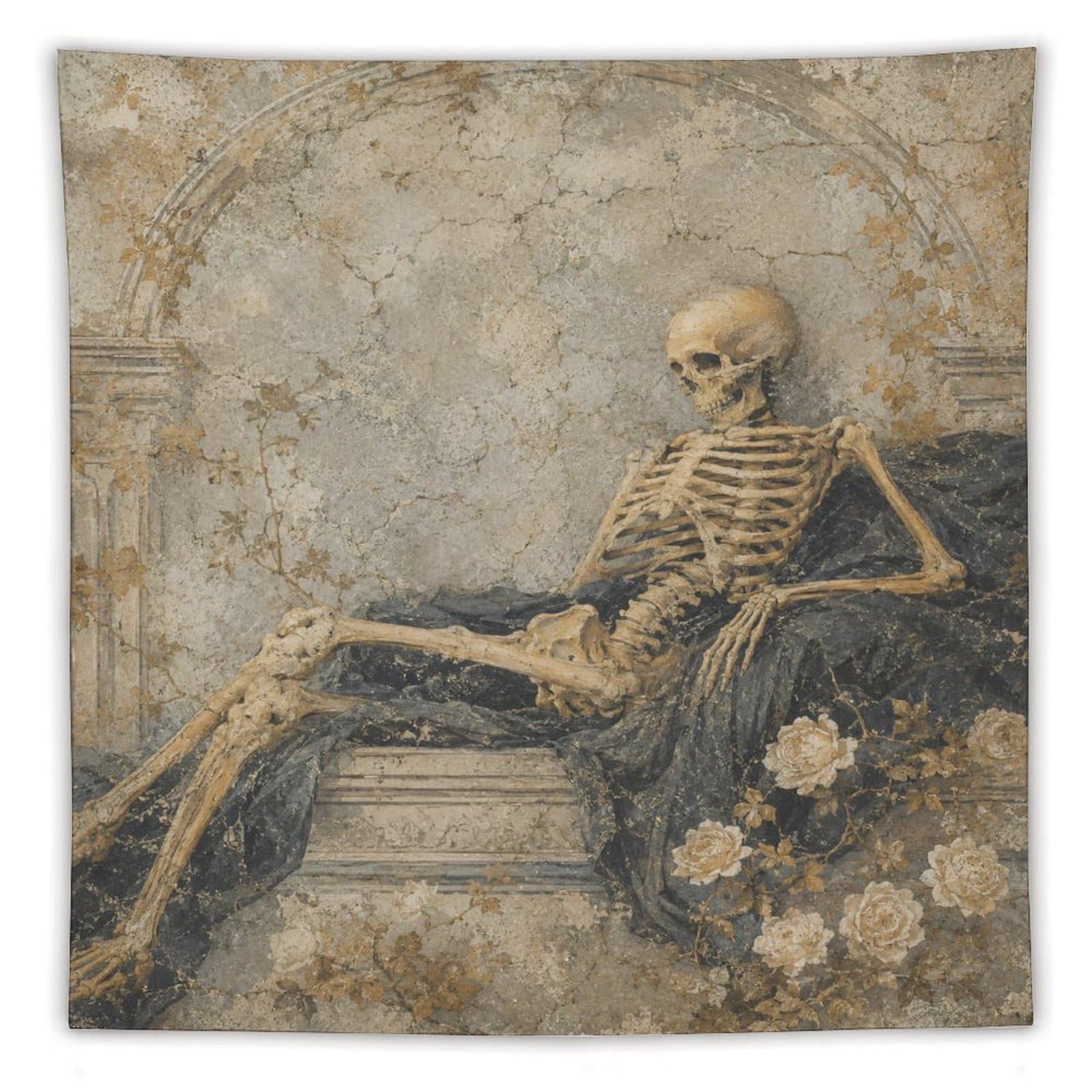 H3B8U2Y5 Skeleton Reclining Wall Tapestry, Fantasy Illustration