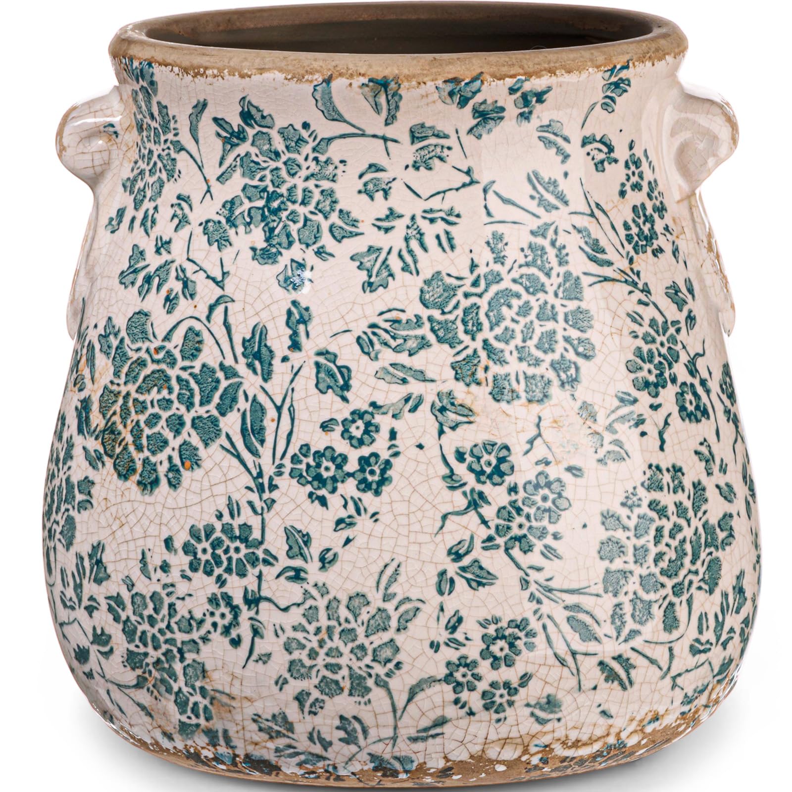 Maceta de cerámica de 6.5 pulgadas, jarrón floral chinoiserie con agujeros de drenaje, jarrón de flores vintage, macetas de cerámica rústica para plantas de interior, jardín, hogar